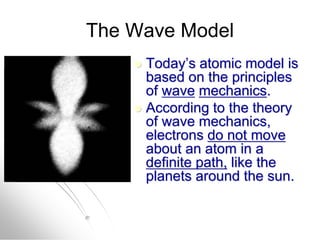 The Wave Model
 Today’s atomic model is
based on the principles
of wave mechanics.
 According to the theory
of wave mechanics,
electrons do not move
about an atom in a
definite path, like the
planets around the sun.
 