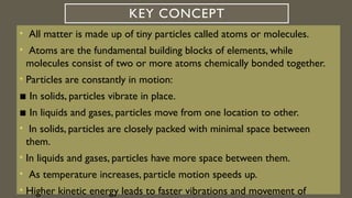 KEY CONCEPT
• All matter is made up of tiny particles called atoms or molecules.
• Atoms are the fundamental building blocks of elements, while
molecules consist of two or more atoms chemically bonded together.
• Particles are constantly in motion:
▪ In solids, particles vibrate in place.
▪ In liquids and gases, particles move from one location to other.
• In solids, particles are closely packed with minimal space between
them.
• In liquids and gases, particles have more space between them.
• As temperature increases, particle motion speeds up.
• Higher kinetic energy leads to faster vibrations and movement of
 