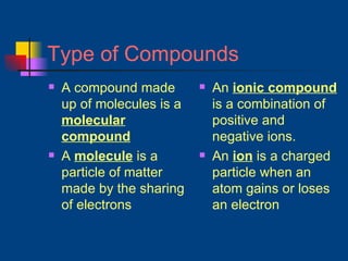 Type of Compounds A compound made up of molecules is a  molecular compound A  molecule  is a particle of matter made by the sharing of electrons An  ionic compound  is a combination of positive and negative ions. An  ion  is a charged particle when an atom gains or loses an electron 