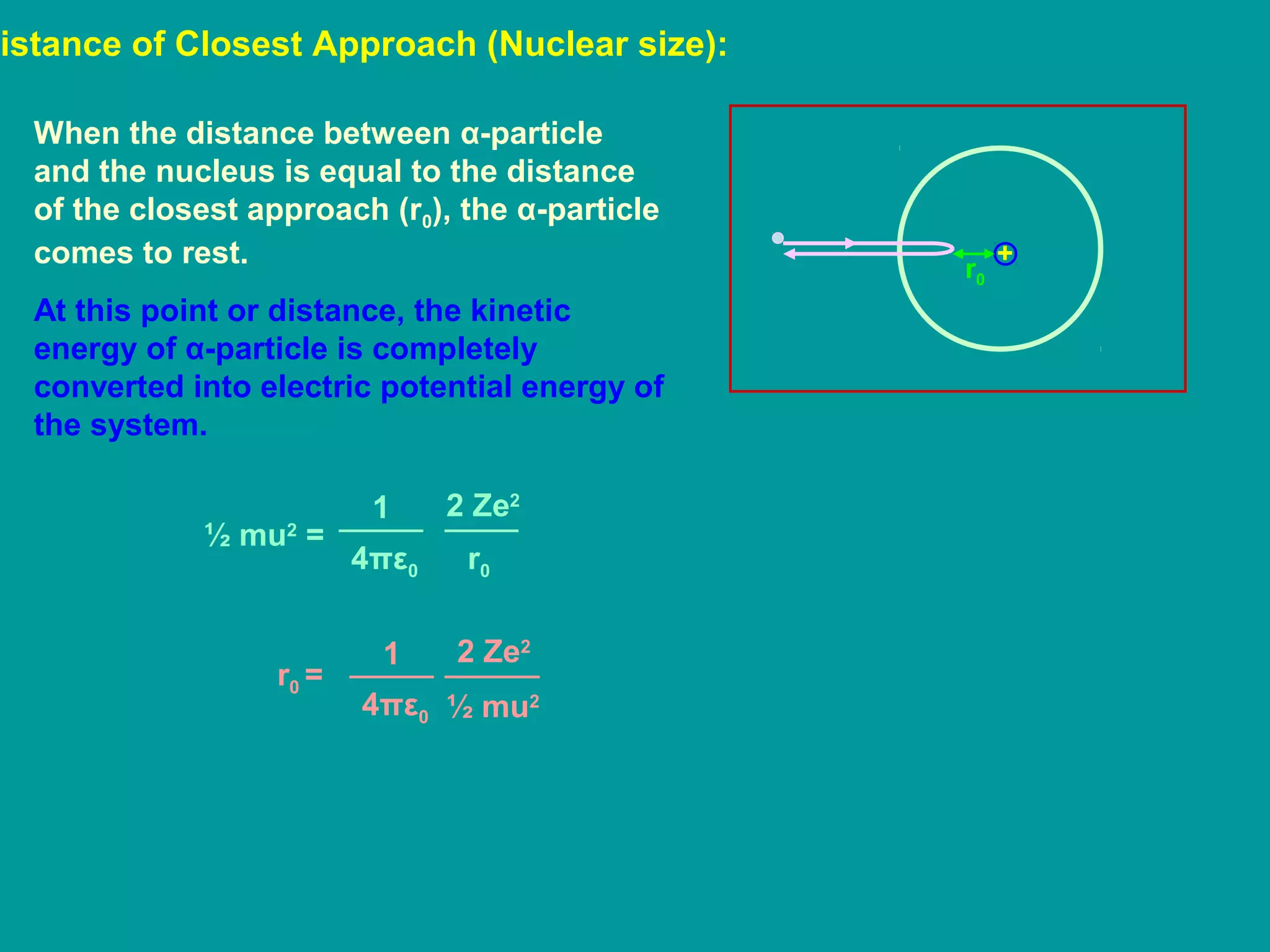 Distance of Closest Approach (Nuclear size):
+
r0
When the distance between α-particle
and the nucleus is equal to the distance
of the closest approach (r0), the α-particle
comes to rest.
At this point or distance, the kinetic
energy of α-particle is completely
converted into electric potential energy of
the system.
½ mu2
=
1
4πε0
2 Ze2
r0
r0 =
1
4πε0
2 Ze2
½ mu2
 