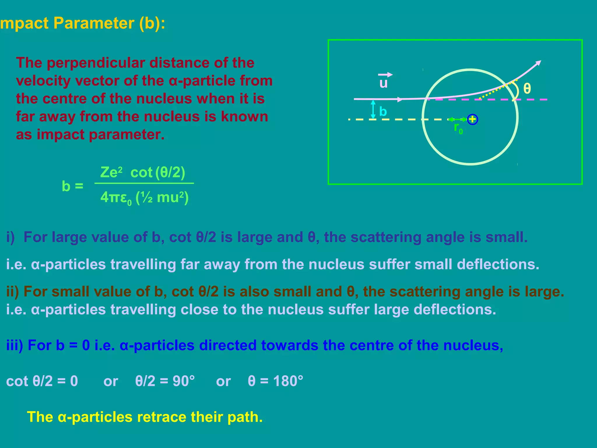 mpact Parameter (b):
+
r0
The perpendicular distance of the
velocity vector of the α-particle from
the centre of the nucleus when it is
far away from the nucleus is known
as impact parameter.
θ
b
u
b =
4πε0
Ze2
(½ mu2
)
cot (θ/2)
i) For large value of b, cot θ/2 is large and θ, the scattering angle is small.
i.e. α-particles travelling far away from the nucleus suffer small deflections.
ii) For small value of b, cot θ/2 is also small and θ, the scattering angle is large.
i.e. α-particles travelling close to the nucleus suffer large deflections.
iii) For b = 0 i.e. α-particles directed towards the centre of the nucleus,
cot θ/2 = 0 or θ/2 = 90° or θ = 180°
The α-particles retrace their path.
 