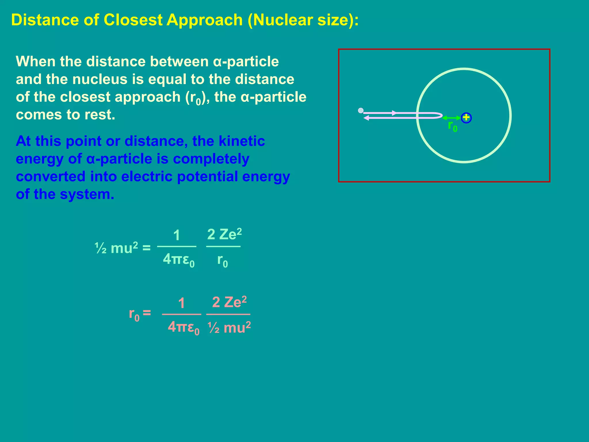 Distance of Closest Approach (Nuclear size):
+
r0
When the distance between α-particle
and the nucleus is equal to the distance
of the closest approach (r0), the α-particle
comes to rest.
At this point or distance, the kinetic
energy of α-particle is completely
converted into electric potential energy
of the system.
½ mu2 =
1
4πε0
2 Ze2
r0
r0 =
1
4πε0
2 Ze2
½ mu2
 