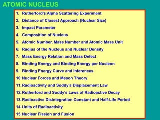 ATOMIC NUCLEUS
1. Rutherford’s Alpha Scattering Experiment
2. Distance of Closest Approach (Nuclear Size)
3. Impact Parameter
4. Composition of Nucleus
5. Atomic Number, Mass Number and Atomic Mass Unit
6. Radius of the Nucleus and Nuclear Density
7. Mass Energy Relation and Mass Defect
8. Binding Energy and Binding Energy per Nucleon
9. Binding Energy Curve and Inferences
10.Nuclear Forces and Meson Theory
11.Radioactivity and Soddy’s Displacement Law
12.Rutherford and Soddy’s Laws of Radioactive Decay
13.Radioactive Disintegration Constant and Half-Life Period
14.Units of Radioactivity
15.Nuclear Fission and Fusion
 