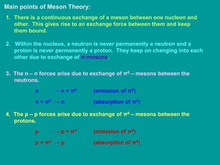 Main points of Meson Theory:
1. There is a continuous exchange of a meson between one nucleon and
other. This gives rise to an exchange force between them and keep
them bound.
2. Within the nucleus, a neutron is never permanently a neutron and a
proton is never permanently a proton. They keep on changing into each
other due to exchange of π-mesons.
3. The n – n forces arise due to exchange of π0 – mesons between the
neutrons.
n → n + π0 (emission of π0)
n + π0 → n (absorption of π0)
4. The p – p forces arise due to exchange of π0 – mesons between the
protons.
p → p + π0 (emission of π0)
p + π0 → p (absorption of π0)
 