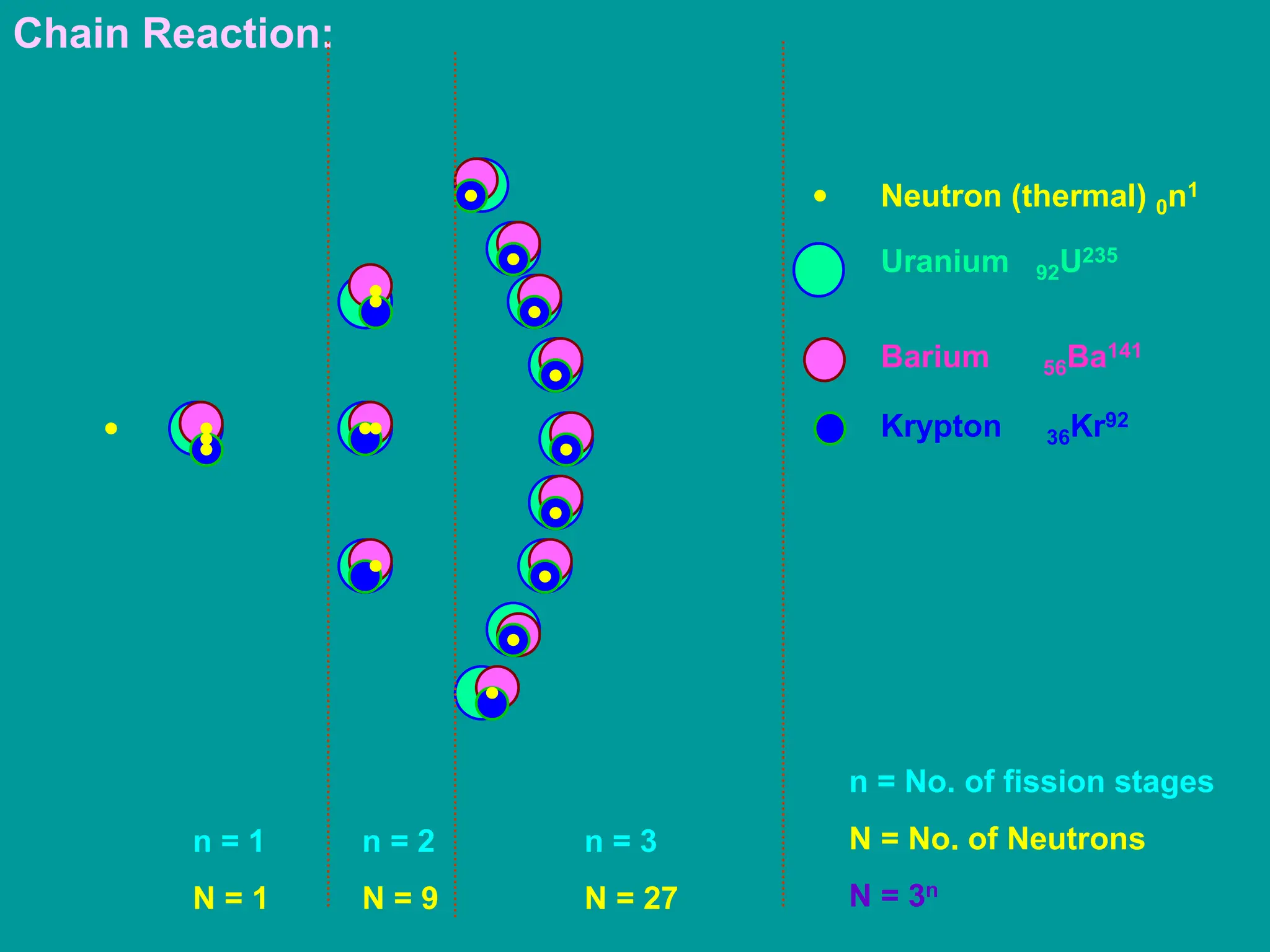 Chain Reaction:
n = 1
N = 1
n = 2
N = 9
n = 3
N = 27
Neutron (thermal) 0n1
Uranium 92U235
Barium 56Ba141
Krypton 36Kr92
n = No. of fission stages
N = No. of Neutrons
N = 3n
 