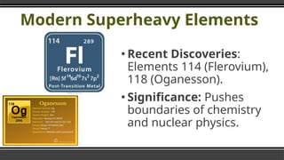 Modern Superheavy Elements
▪ Recent Discoveries:
Elements 114 (Flerovium),
118 (Oganesson).
▪ Significance: Pushes
boundaries of chemistry
and nuclear physics.
 