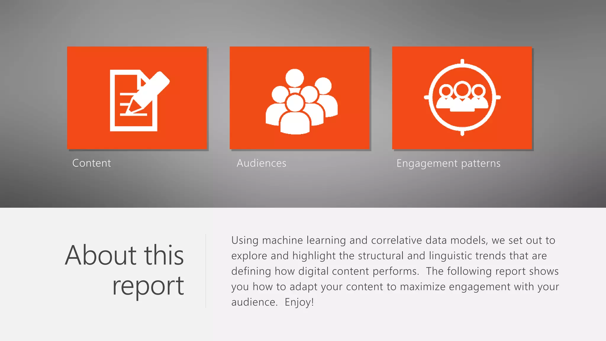Using machine learning and correlative data models, we set out to
explore and highlight the structural and linguistic trends that are
defining how digital content performs. The following report shows
you how to adapt your content to maximize engagement with your
audience. Enjoy!
About this
report
Content Audiences Engagement patterns
 