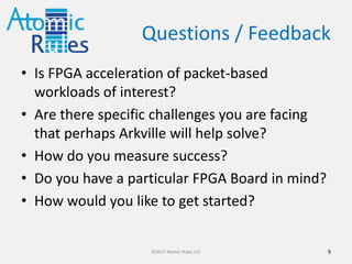 Arkville: How?
• A Software and Gateware Combination:
– Arkville 17.05 DPDK Poll Mode Driver (DPDK PMD)
• Open-Source BSD from The Linux Foundation
• http://dpdk.org/doc/guides/nics/ark.html
– Arkville 17.05 FPGA RTL IP Core (AXI RTL IP)
• Atomic Rules sells named-project and site-based licenses
• http://www.atomicrules.com/arkville
• Arkville performs the data-mover work for
products and solutions that require FPGA/GPP
communication
9©2017 Atomic Rules LLC
 