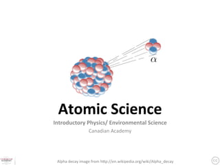 Atomic	
  Science	
  
Introductory	
  Physics/	
  Environmental	
  Science	
  
                     Canadian	
  Academy	
  




 Alpha	
  decay	
  image	
  from	
  h3p://en.wikipedia.org/wiki/Alpha_decay	
 
