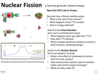 Nuclear	
  Fission	
is	
  how	
  we	
  generate	
  ‘atomic	
  energy’.	
                                            	
                                                          Open	
  this	
  PhET	
  Lab	
  on	
  Fission.	
  	
  
                                                          	
  
                                                          Describe	
  how	
  a	
  ﬁssion	
  reac?on	
  works.	
  	
  
                                                          •  What	
  is	
  the	
  role	
  of	
  the	
  neutron?	
  
                                                          •  What	
  happens	
  to	
  the	
  235U	
  nuclide?	
  
                                                          •  How	
  is	
  energy	
  released?	

                                                           Switch	
  to	
  the	
  Chain	
  Reac9on	
  
                                                           Set	
  it	
  up	
  in	
  a	
  containment	
  vessel.	
  	
  
                                                           •  What	
  happens	
  when	
  you	
  add	
  more	
  235U?	
  
                                                           •  How	
  does	
  238U	
  behave?	
  
                                                           •  Which	
  isotope	
  would	
  you	
  choose	
  to	
  sustain	
  a	
  
                                                              chain	
  reac?on,	
  releasing	
  energy?	

                                                           Switch	
  to	
  the	
  Nuclear	
  Reactor	
  
                                                           Set	
  it	
  up	
  and	
  get	
  it	
  running!	
  
                                                           •  What	
  is	
  the	
  eﬀect	
  of	
  removing	
  the	
  control	
  
                                                              rods	
  from	
  the	
  reactor?	
  
h3p://phet.colorado.edu/en/simula?on/nuclear-­‐ﬁssion	
    •  How	
  could	
  control	
  rods	
  be	
  used	
  to	
  maintain	
  
                                                              safety	
  and	
  control	
  output	
  of	
  energy?	
  
                                                           •  What	
  are	
  they	
  made	
  of?	
 