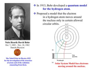  In 1913, Bohr developed a quantum model
for the hydrogen atom.
 Proposed a model that the electron
in a hydrogen atom moves around
the nucleus only in certain allowed
circular orbits.
The Nobel Prize in Physics 1922
for the investigation of the structure
of atoms and of the radiation
emanating from them.
Niels Henrik David Bohr
Oct. 7, 1885 – Nov. 18, 1962
Danish Physicist
Solar System Model has electrons
moving around the nucleus.
 