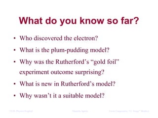 CLIL Physics/English Daniela Aprile Liceo Linguistico “G. Verga” Modica
What do you know so far?
• Who discovered the electron?
• What is the plum-pudding model?
• Why was the Rutherford’s “gold foil”
experiment outcome surprising?
• What is new in Rutherford’s model?
• Why wasn’t it a suitable model?
 
