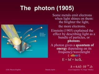 CLIL Physics/English Daniela Aprile Liceo Linguistico “G. Verga” Modica
The photon (1905)
Some metals emit electrons
when light shines on them:
the brighter the light,
the more electrons.
Einstein (1905) explained the
effect by describing light as a
bundle of particles, or
photons.
A photon gives a quantum of
energy depending on its
frequency/wavelenght
(colour)
E = hf = hc/.
Jsh 34
1063.6 

 