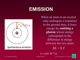 CLIL Physics/English Daniela Aprile Liceo Linguistico “G. Verga” Modica
EMISSION
When an atom in an excited
state undergoes a transition
to the ground state, it loses
energy by emitting a
photon whose energy
corresponds to the
difference in energy
between the two states
DE = h f
Jsh 34
1063.6 

 