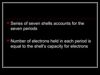    Series of seven shells accounts for the
    seven periods

   Number of electrons held in each period is
    equal to the shell’s capacity for electrons
 