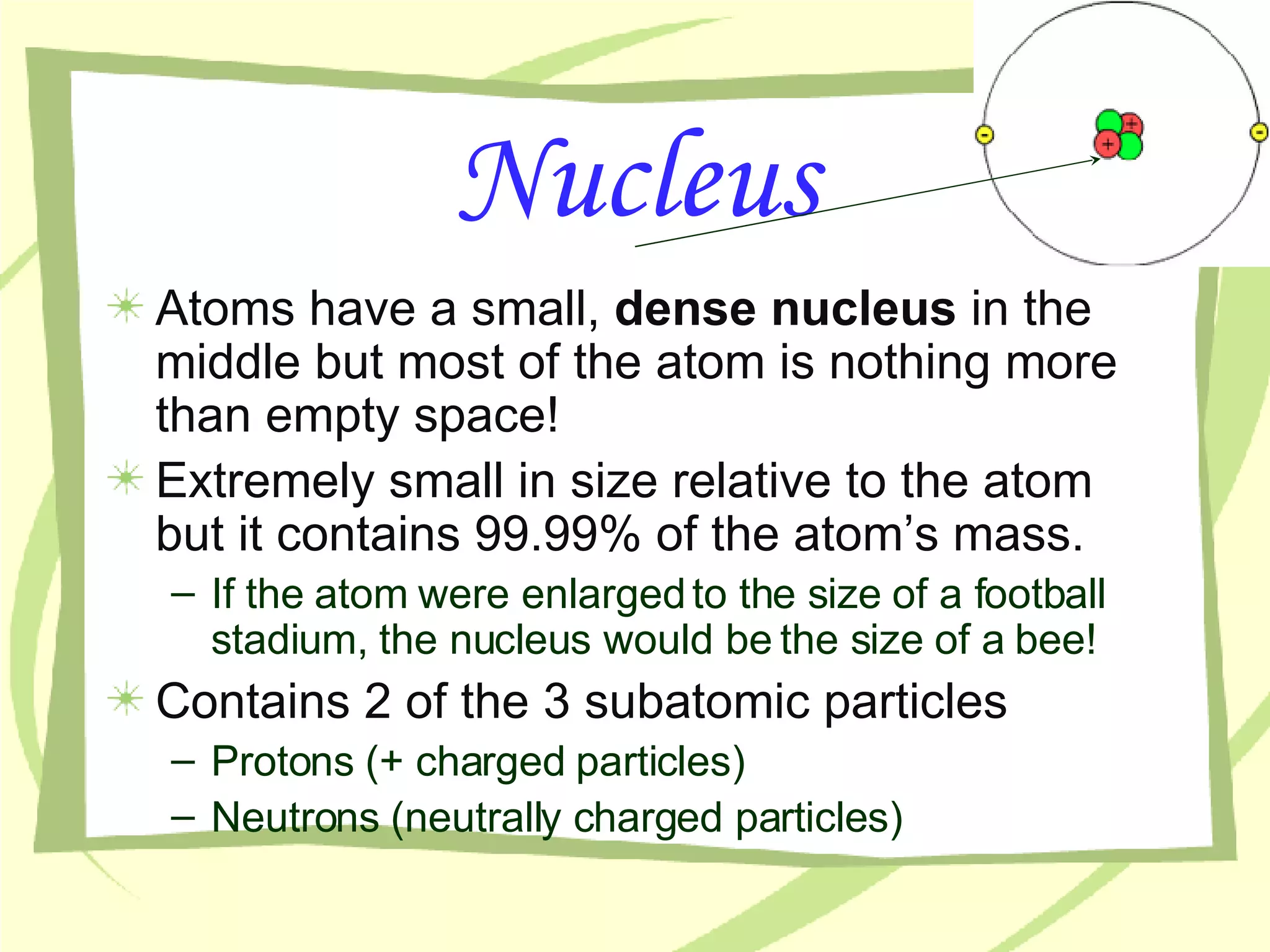 Nucleus Atoms have a small,  dense   nucleus  in the middle but most of the atom is nothing more than empty space! Extremely small in size relative to the atom but it contains 99.99% of the atom’s mass. If the atom were enlarged to the size of a football stadium, the nucleus would be the size of a bee! Contains 2 of the 3 subatomic particles Protons (+ charged particles) Neutrons (neutrally charged particles) 