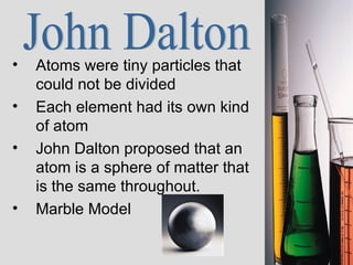 Atoms were tiny particles that could not be divided Each element had its own kind of atom John Dalton proposed that an atom is a sphere of matter that is the same throughout. Marble Model John Dalton 