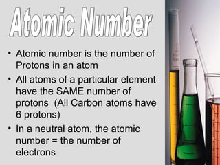 Atomic number is the number of Protons in an atom All atoms of a particular element have the SAME number of protons  (All Carbon atoms have 6 protons) In a neutral atom, the atomic number = the number of electrons Atomic Number 