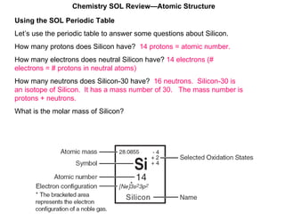 Using the SOL Periodic Table Let’s use the periodic table to answer some questions about Silicon. How many protons does Silicon have?  14 protons = atomic number. How many electrons does neutral Silicon have?  14 electrons (# electrons = # protons in neutral atoms) How many neutrons does Silicon-30 have?   16 neutrons.  Silicon-30 is an isotope of Silicon.  It has a mass number of 30.  The mass number is protons + neutrons. What is the molar mass of Silicon? Chemistry SOL Review—Atomic Structure 