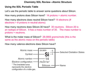 Using the SOL Periodic Table Let’s use the periodic table to answer some questions about Silicon. How many protons does Silicon have?  14 protons = atomic number. How many electrons does neutral Silicon have?  14 electrons (# electrons = # protons in neutral atoms) How many neutrons does Silicon-30 have?   30 neutrons.  Silicon-30 is an isotope of Silicon.  It has a mass number of 30.  The mass number is protons + neutrons. What is the molar mass of Silicon?  28.0855 grams/mole (this is the same as the atomic mass on the periodic table) How many valence electrons does Silicon have?   Chemistry SOL Review—Atomic Structure 