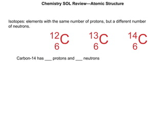 Isotopes: elements with the same number of protons, but a different number of neutrons. Chemistry SOL Review—Atomic Structure Carbon-14 has ___ protons and ___ neutrons 12 6 C 13 6 C 14 6 C 