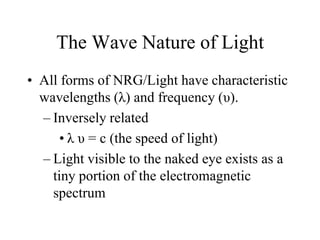 The Wave Nature of Light All forms of NRG/Light have characteristic wavelengths (λ) and frequency (υ). Inversely related  λ υ = c (the speed of light) Light visible to the naked eye exists as a tiny portion of the electromagnetic spectrum 