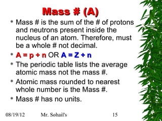 Mass # (A)
  Mass # is the sum of the # of protons
   and neutrons present inside the
   nucleus of an atom. Therefore, must
   be a whole # not decimal.
  A = p + n OR A = Z + n

  The periodic table lists the average
   atomic mass not the mass #.
  Atomic mass rounded to nearest
   whole number is the Mass #.
  Mass # has no units.


08/19/12   Mr. Sohail's          15
 