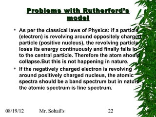 Problems with Rutherford’s
                    model
      As per the classical laws of Physics: if a particle
       (electron) is revolving around oppositely charged
       particle (positive nucleus), the revolving particle
       loses its energy continuously and finally falls in
       to the central particle. Therefore the atom should
       collapse.But this is not happening in nature.
      If the negatively charged electron is revolving
       around positively charged nucleus, the atomic
       spectra should be a band spectrum but in nature
       the atomic spectrum is line spectrum.



08/19/12       Mr. Sohail's                 22
 