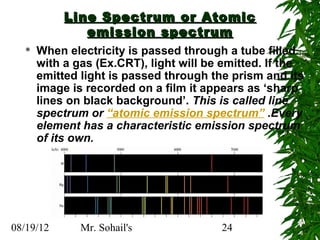 Line Spectrum or Atomic
              emission spectrum
     When electricity is passed through a tube filled
      with a gas (Ex.CRT), light will be emitted. If the
      emitted light is passed through the prism and its
      image is recorded on a film it appears as ‘sharp
      lines on black background’. This is called line
      spectrum or “atomic emission spectrum” .Every
      element has a characteristic emission spectrum
      of its own.




08/19/12      Mr. Sohail's              24
 