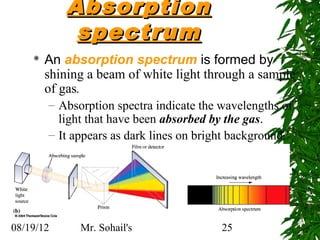 Absorption
             spectrum
       An absorption spectrum is formed by
        shining a beam of white light through a sample
        of gas.
        – Absorption spectra indicate the wavelengths of
          light that have been absorbed by the gas.
        – It appears as dark lines on bright background.




08/19/12      Mr. Sohail's                25
 