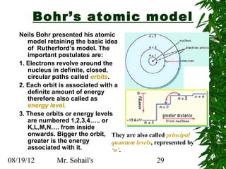 Bohr’s atomic model
   Neils Bohr presented his atomic
      model retaining the basic idea
      of Rutherford’s model. The
      important postulates are:
   1. Electrons revolve around the
      nucleus in definite, closed,
      circular paths called orbits.
   2. Each orbit is associated with a
      definite amount of energy
      therefore also called as
      energy level.
   3. These orbits or energy levels
      are numbered 1,2,3,4….. or
      K,L,M,N…. from inside
      onwards. Bigger the orbit, They are also called principal
      greater is the energy         quantum levels, represented by
      associated with it.           ‘n’.
08/19/12        Mr. Sohail's                        29
 