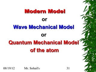 Modern Model
               or
    Wave Mechanical Model
               or
   Quantum Mechanical Model
          of the atom


08/19/12   Mr. Sohail's   31
 
