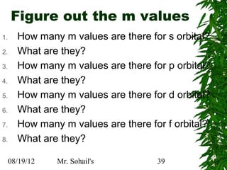 Figure out the m values
1.     How many m values are there for s orbital?
2.     What are they?
3.     How many m values are there for p orbital?
4.     What are they?
5.     How many m values are there for d orbital?
6.     What are they?
7.     How many m values are there for f orbital?
8.     What are they?

     08/19/12   Mr. Sohail's         39
 