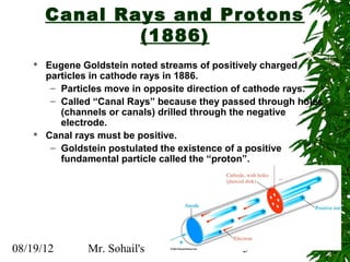 Canal Rays and Protons
               (1886)
      Eugene Goldstein noted streams of positively charged
       particles in cathode rays in 1886.
        – Particles move in opposite direction of cathode rays.
        – Called “Canal Rays” because they passed through holes
          (channels or canals) drilled through the negative
          electrode.
      Canal rays must be positive.
        – Goldstein postulated the existence of a positive
          fundamental particle called the “proton”.




08/19/12       Mr. Sohail's                   5
 