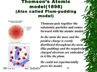 Thomson’s Atomic
               model(1898)
           (Also called Plum-pudding
                     model)
                         Thomson puts together the
                         subatomic particles and comes
                         forward with his atomic model.
                         In the atom the mass and the
                         positive charge is evenly
                         distributed throughout the atom
                         (like pudding) and the negatively
                         charged electrons are embedded
                         in it like the plum.
                           He could not experimentally
                           prove his model.
08/19/12      Mr. Sohail's                    9
 