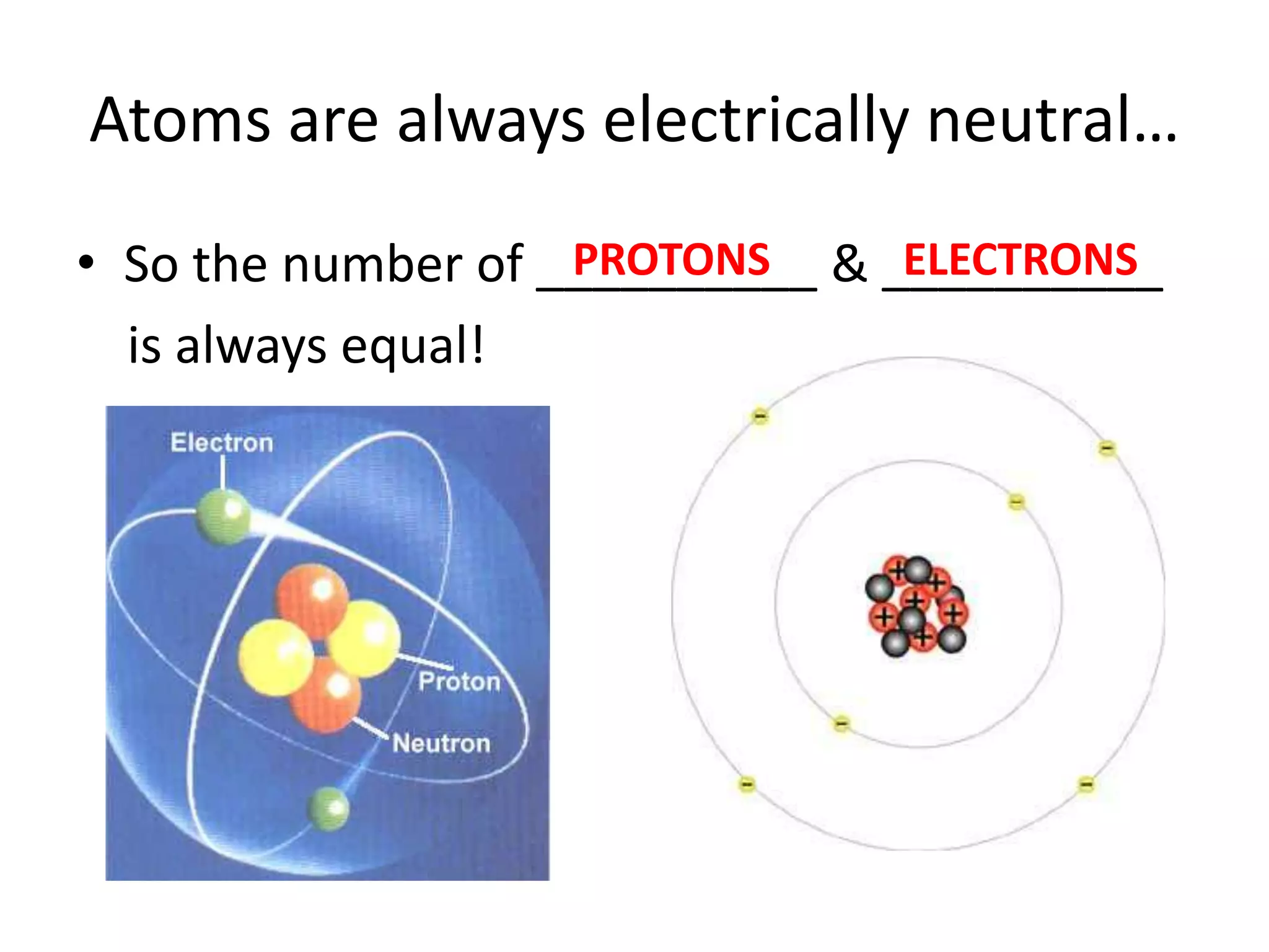 Atoms are always electrically neutral…
• So the number of __________ & __________
                    PROTONS      ELECTRONS
  is always equal!
 