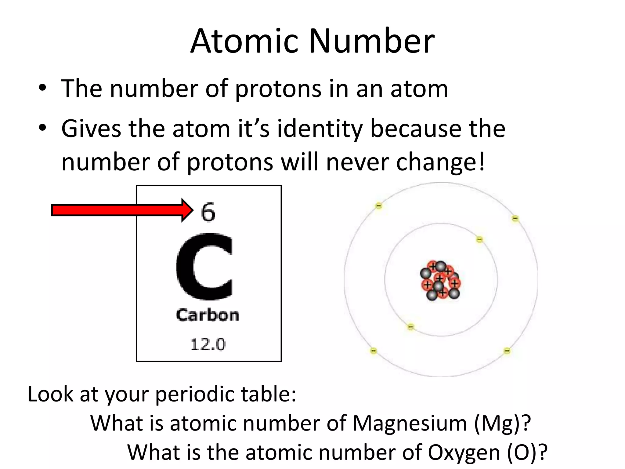 Atomic Number
• The number of protons in an atom
• Gives the atom it’s identity because the
  number of protons will never change!




Look at your periodic table:
      What is atomic number of Magnesium (Mg)?
          What is the atomic number of Oxygen (O)?
 