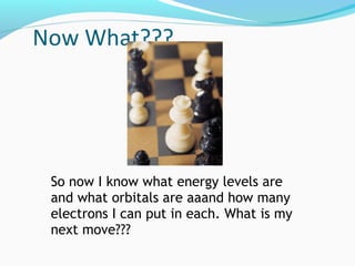 Now What???
So now I know what energy levels are
and what orbitals are aaand how many
electrons I can put in each. What is my
next move???
 