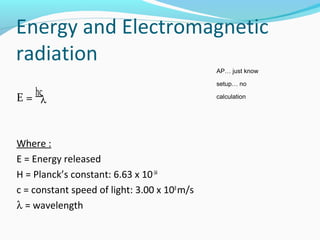 Energy and Electromagnetic
radiation
E =
hc
Where :
E = Energy released
H = Planck’s constant: 6.63 x 10-34
c = constant speed of light: 3.00 x 108
m/s
λ = wavelength
λ
AP… just know
setup… no
calculation
 
