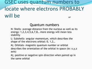 Quantum numbers
N: Shells- average distance from the nucleus as well as its
energy: 1,2,3,4,5,6,7,8… more energy will mean less
stability
L: Subshells- angular momentum, which describes the
shape of the electrons orbital: 0, 1,2…
Ml: Orbitals- magnetic quantum number or orbital
describes the orientation of the orbital in space (ie: x,y,z
axis)
Ms: positive or negative spin direction when paired up in
the same orbital
AP
 