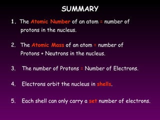 SUMMARYSUMMARY
1. The Atomic Number of an atom = number of
protons in the nucleus.
2. The Atomic Mass of an atom = number of
Protons + Neutrons in the nucleus.
3. The number of Protons = Number of Electrons.
4. Electrons orbit the nucleus in shells.
5. Each shell can only carry a set number of electrons.
 