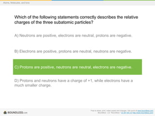 Free to share, print, make copies and changes. Get yours at www.boundless.com
Boundless - LO. "Boundless." CC BY-SA 3.0 http://www.boundless.com/
Atoms, Molecules, and Ions
Which of the following statements correctly describes the relative
charges of the three subatomic particles?
A) Neutrons are positive, electrons are neutral, protons are negative.
B) Electrons are positive, protons are neutral, neutrons are negative.
C) Protons are positive, neutrons are neutral, electrons are negative.
D) Protons and neutrons have a charge of +1, while electrons have a
much smaller charge.
 