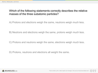 Free to share, print, make copies and changes. Get yours at www.boundless.com
Atoms, Molecules, and Ions
Which of the following statements correctly describes the relative
masses of the three subatomic particles?
A) Protons and electrons weigh the same, neutrons weigh much less.
B) Neutrons and electrons weigh the same, protons weigh much less.
C) Protons and neutrons weigh the same, electrons weigh much less.
D) Protons, neutrons and electrons all weight the same.
 