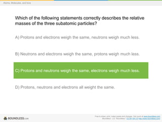 Free to share, print, make copies and changes. Get yours at www.boundless.com
Boundless - LO. "Boundless." CC BY-SA 3.0 http://www.boundless.com/
Atoms, Molecules, and Ions
Which of the following statements correctly describes the relative
masses of the three subatomic particles?
A) Protons and electrons weigh the same, neutrons weigh much less.
B) Neutrons and electrons weigh the same, protons weigh much less.
C) Protons and neutrons weigh the same, electrons weigh much less.
D) Protons, neutrons and electrons all weight the same.
 