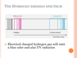 THE HYDROGEN EMISSION SPECTRUM
 Electrical charged hydrogen gas will emit
a blue color and also UV radiation
 