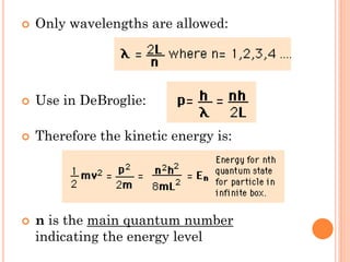  Only wavelengths are allowed:
 Use in DeBroglie:
 Therefore the kinetic energy is:
 n is the main quantum number
indicating the energy level
 