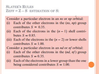 SLATER’S RULES
ZEFF = Z – S ESTIMATION OF S:
 