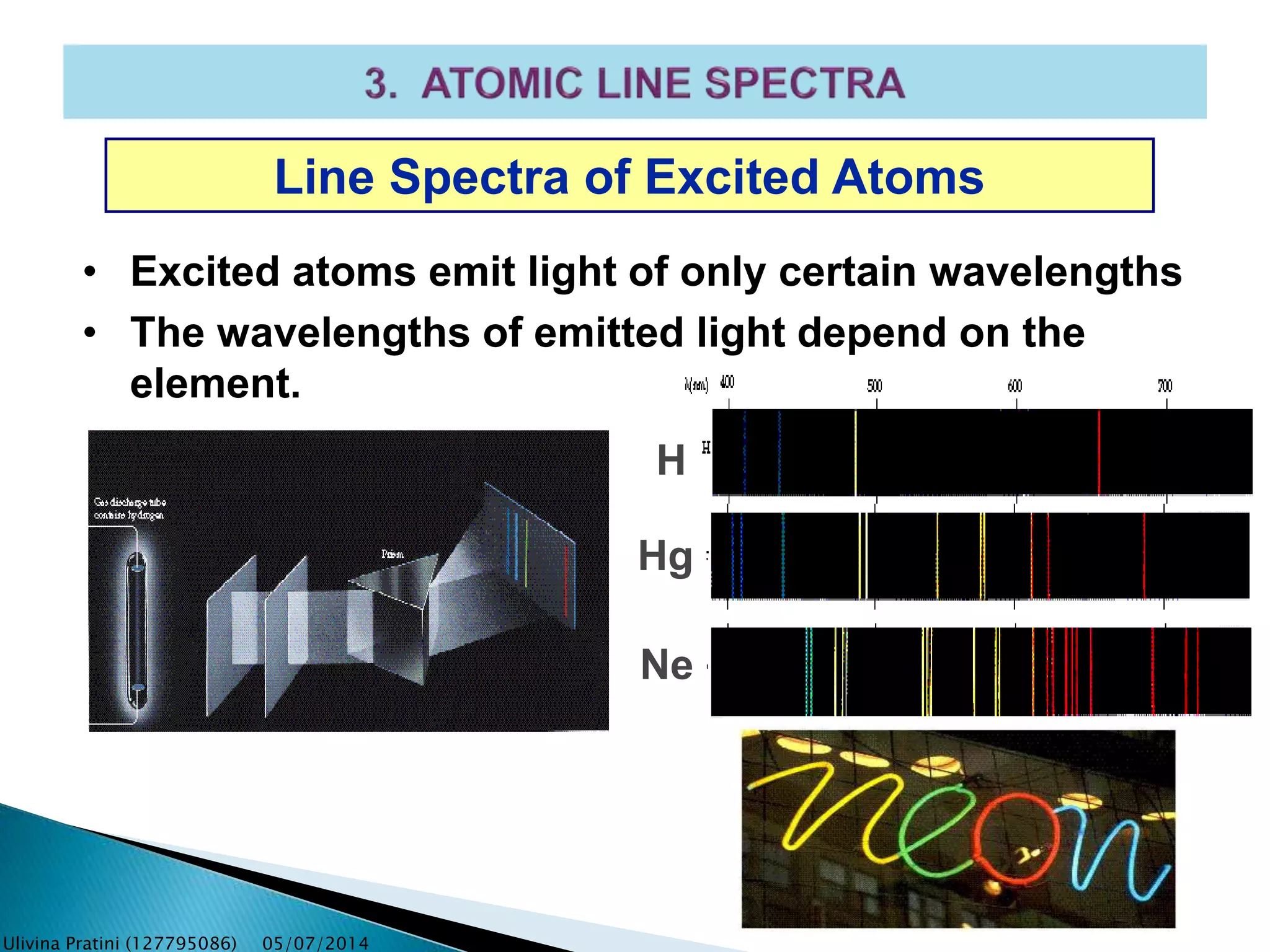 Line Spectra of Excited Atoms
• Excited atoms emit light of only certain wavelengths
• The wavelengths of emitted light depend on the
element.
H
Hg
Ne
Ulivina Pratini (127795086) 05/07/2014
 