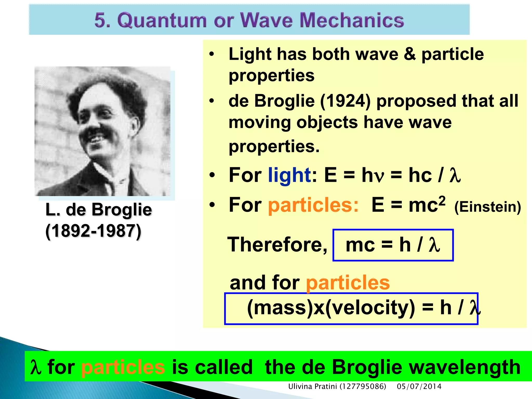 • Light has both wave & particle
properties
• de Broglie (1924) proposed that all
moving objects have wave
properties.
• For light: E = h = hc / 
• For particles: E = mc2 (Einstein)L. de Broglie
(1892-1987)
 for particles is called the de Broglie wavelength
and for particles
(mass)x(velocity) = h / 
Therefore, mc = h / 
Ulivina Pratini (127795086) 05/07/2014
 