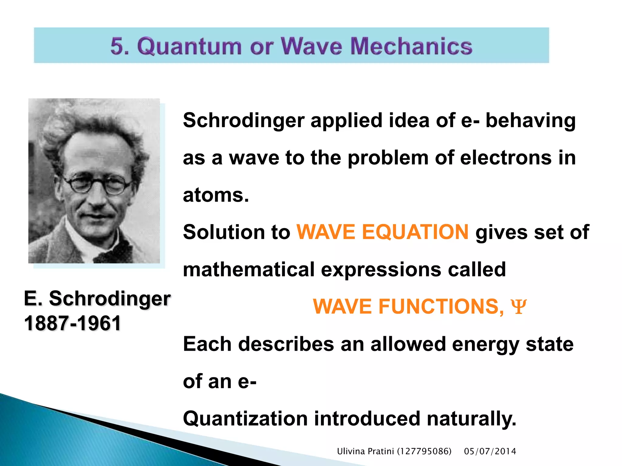 E. Schrodinger
1887-1961
Schrodinger applied idea of e- behaving
as a wave to the problem of electrons in
atoms.
Solution to WAVE EQUATION gives set of
mathematical expressions called
WAVE FUNCTIONS, Y
Each describes an allowed energy state
of an e-
Quantization introduced naturally.
Ulivina Pratini (127795086) 05/07/2014
 